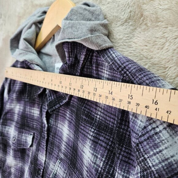 RCVA Jacket Hooded Purple White Black Plaid Pockets Long Sleeve Womens Size L - Picture 8 of 11